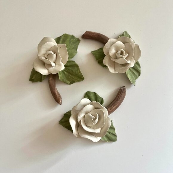 Vintage Set of 3 Ceramic Flower Figurines - White, Green, and Brown - Picture 1 of 6